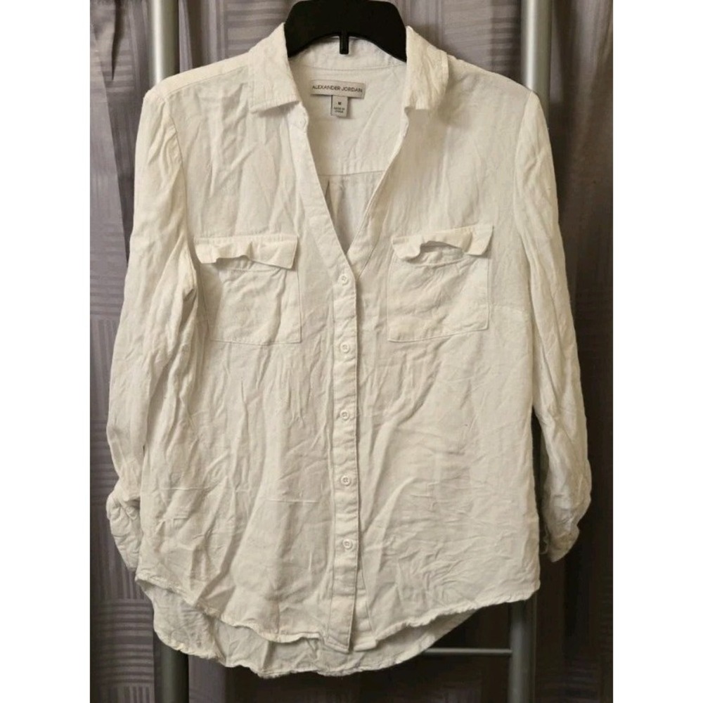 Alexander Jordan Women White‎ Long Roll-up Sleeve Blouse Medium